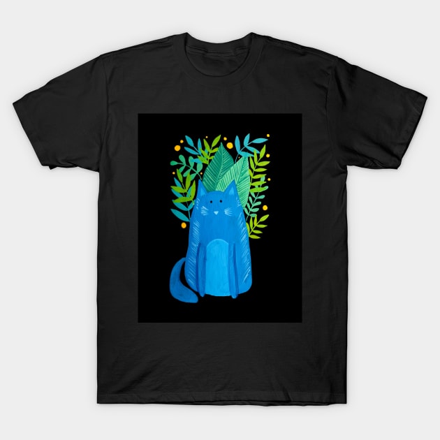 Cat and foliage - blue and green and black T-Shirt by wackapacka